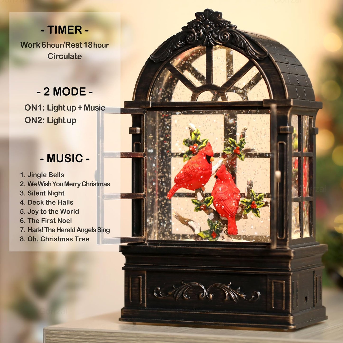 Gorrzai Cardinal Snow Globe Lantern Christmas Snow Globes Arched Window Shape Christmas Decorations Indoor for Home Timer Christmas Music Box, USB and Battery Powered