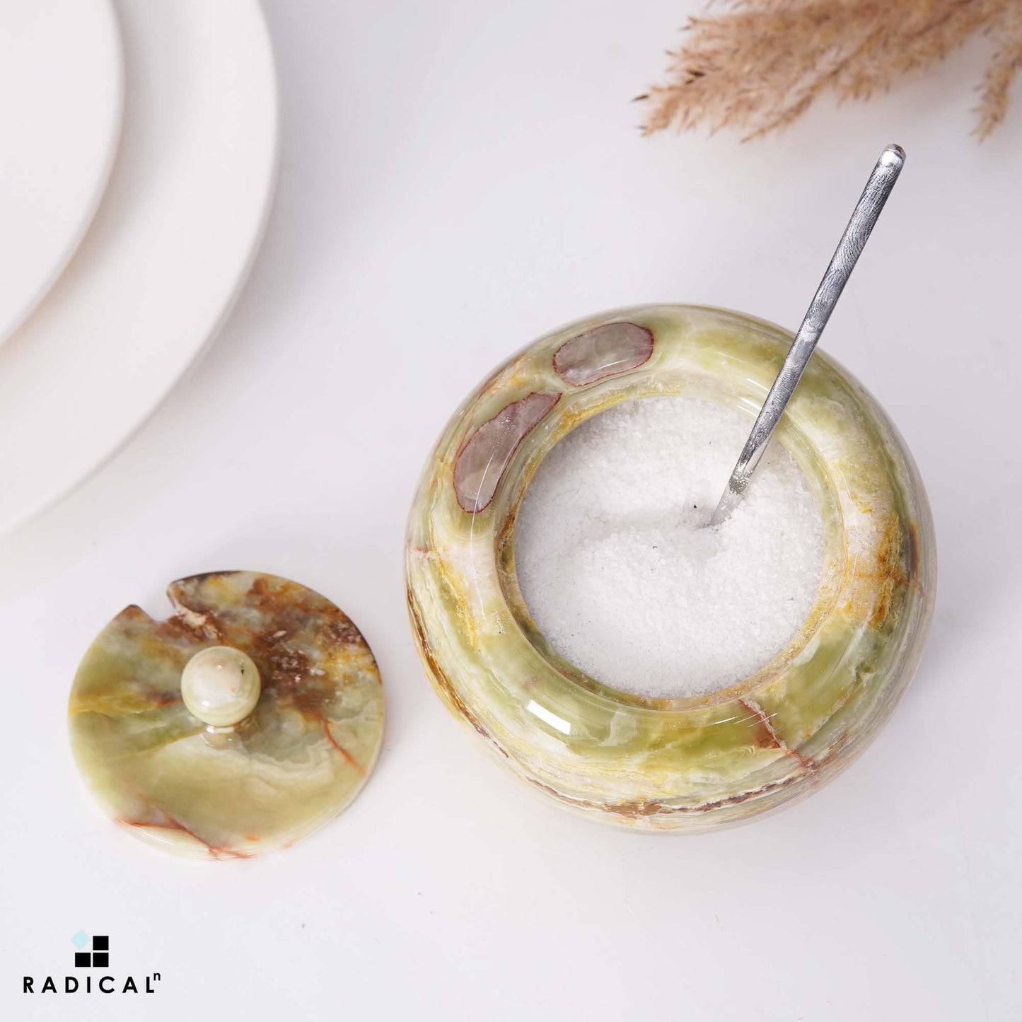 Radicaln Marble Salt Cellar with Lid 4" Inch Green Onyx Salt Jar & Table Salt Storage For Kitchen Countertop, Ideal Salt Container, Salt Dish & Sugar Bowl For Table