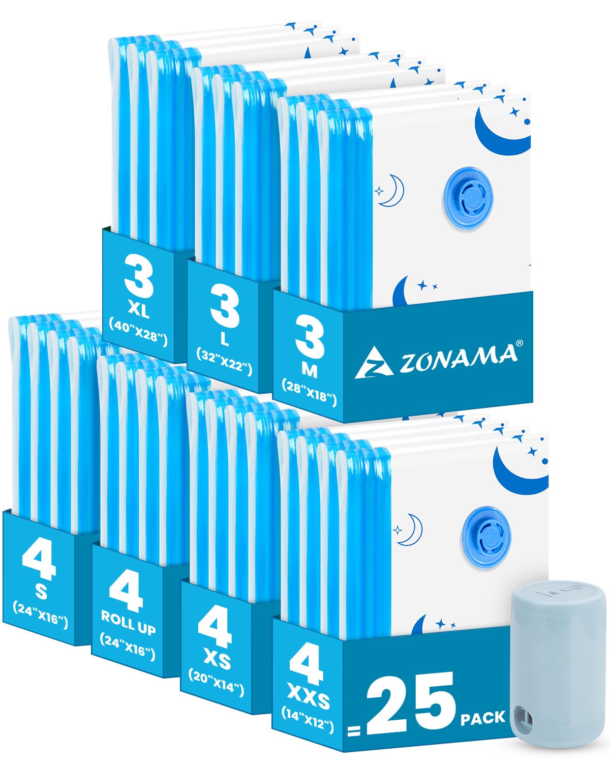 Travel Compression Bags, 25 Pack Vacuum Storage Bags with 1500mAh Rechargeable Battery, Vacuum Seal Bag for Space Saving Clothes, Blanket, Duvets, Pillows, Comforters, Travel Essentials, Luggage