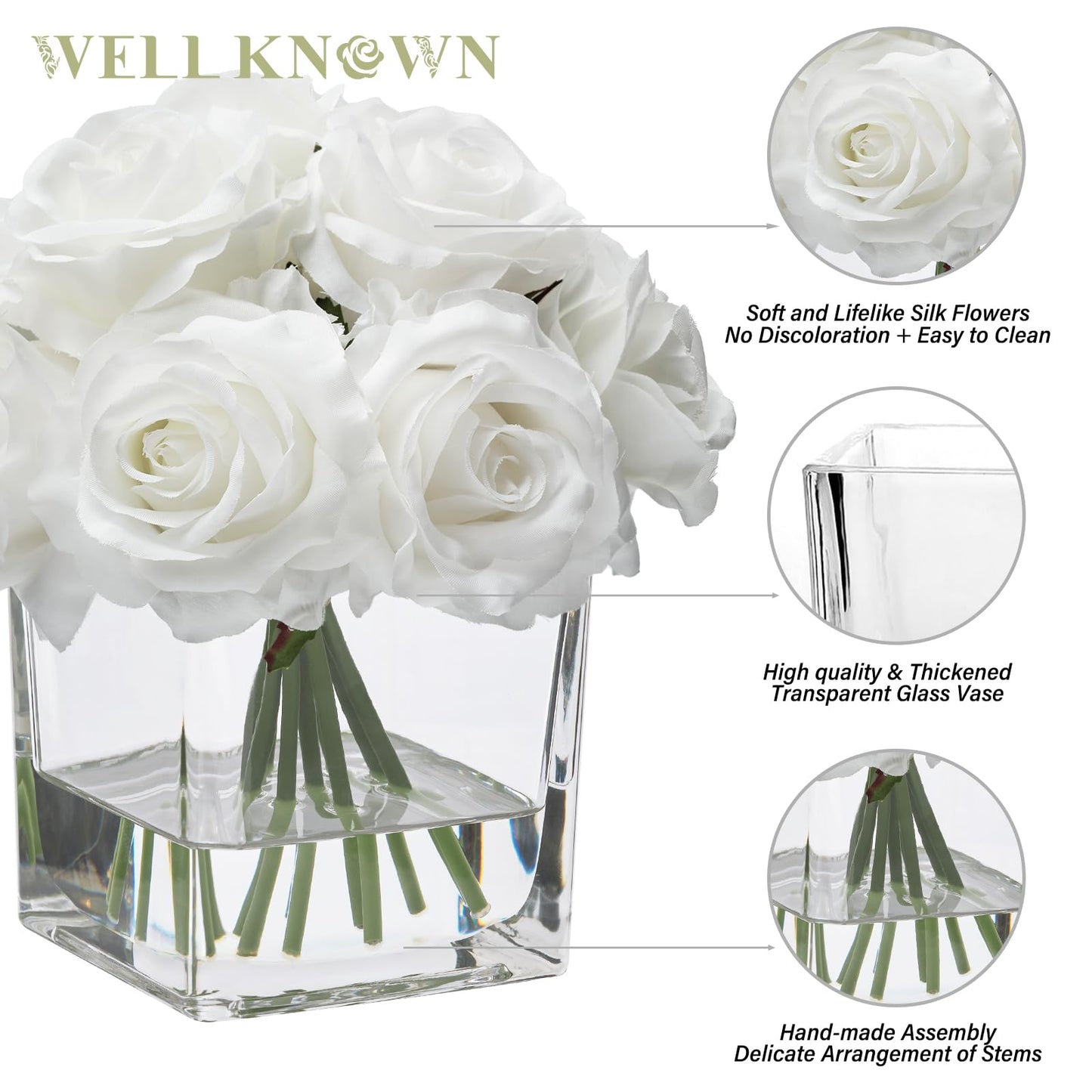 WELL KNOWN Rose Artificial Flowers in Vase with Faux Water, Ivory White Silk Rose Table Centerpieces for Home Coffee Table Decor, Fake Roses Flower Arrangements for Office Hotel Lavatory Decor