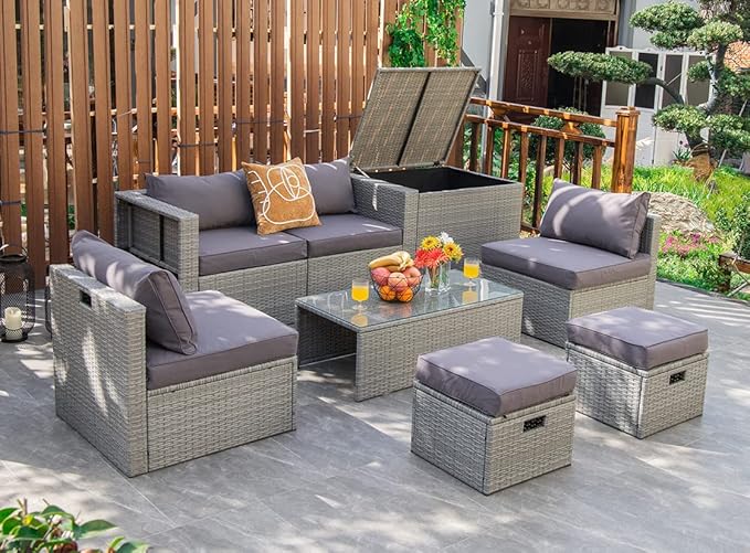 Tangkula 8 Piece Patio Wicker Furniture Set, Patiojoy Space Saving Outdoor PE
