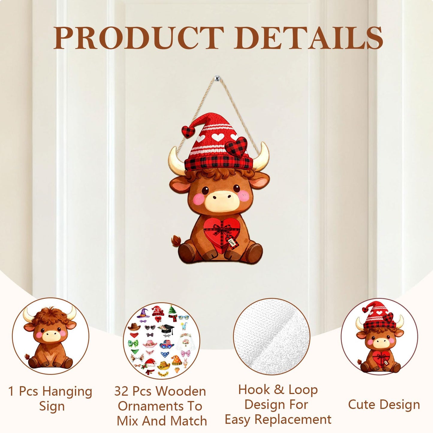 Interchangeable Wooden Highland Cow Decorations, Christmas Hanging Wall Door Decor, Holiday Seasonal Decor and Detachable Hats Welcome Sign, Farmhouse Hanging Sign for Front Door, 32 PCS