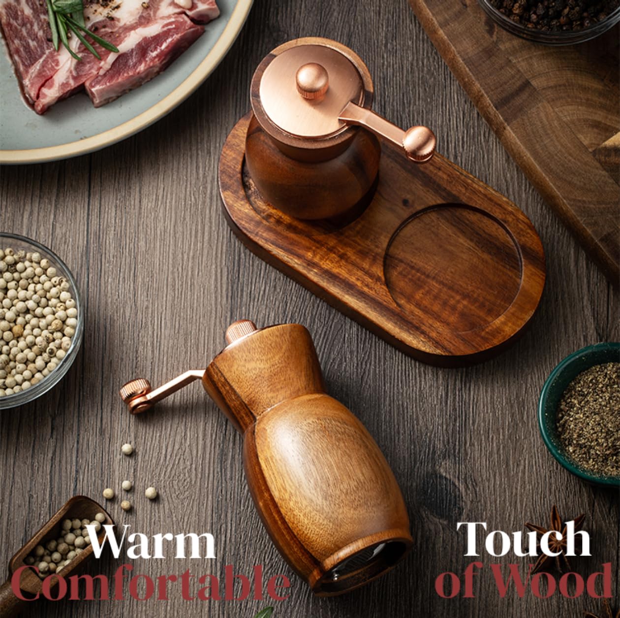 Stelalloy Pepper Grinder Pepper Mill - Salt And Pepper Grinder Set With Holder - Wood Salt and Pepper Shakers - Refillable Manual Spice Mill (3.5" Salt Grinder + 4.5" Pepper Mill)