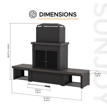 SUNJOY Outdoor Fireplace with Wood Storage and Chimney, Steel Metal Wood Burning Fire Pit with Mesh Spark Screen Door & Fire Poker, Fireplace Tool and PVC Cover, for Patio Garden Deck Backyard, Brown