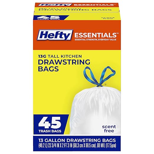 Hefty Essentials Drawstring 13 Gallon Kitchen Trash Bags, Tall Unscented Trash