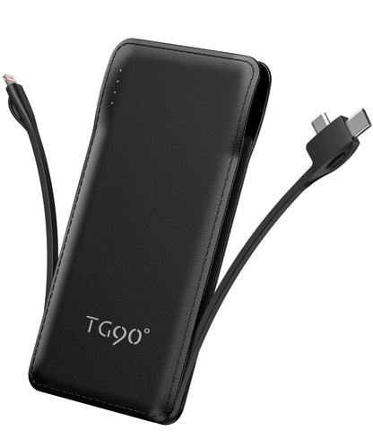 TG90° Portable Charger 10000mah Cell Phone Battery Backup, Ultra Slim Power Bank with Built in Lightning and USB-C Cable, Portable Phone Charger Battery Packs Compatible with iPhone Android Phones