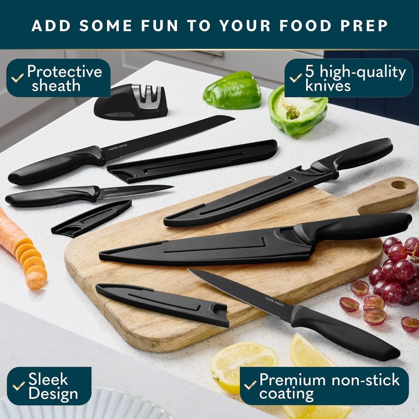 Home Hero Ultra-Sharp Stainless Steel Kitchen Knife Set - Chef Knives Set (5 pcs Set - Black with Sheath)