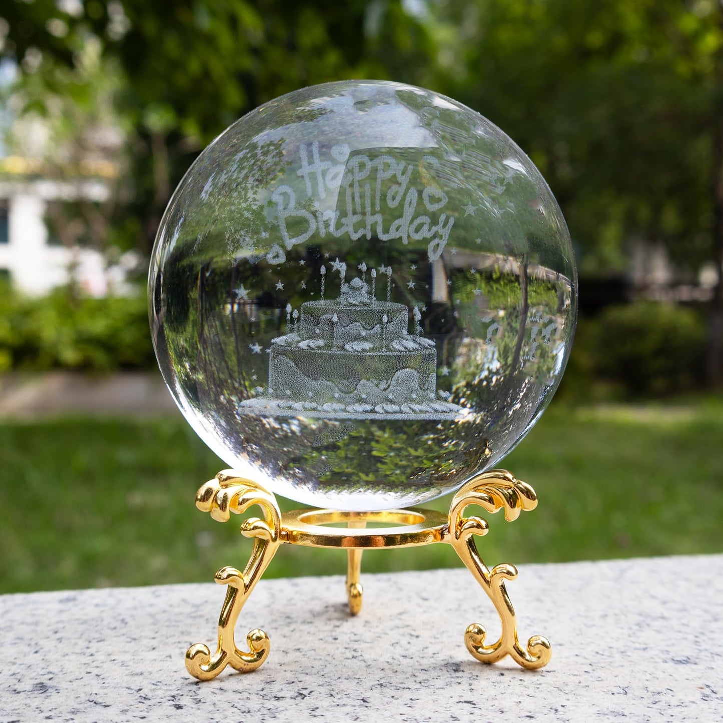 YINBEILIXU Crystal Ball with Metal Stand,3D Glass Ball Sphere, Crystal Figurine Clear Ball for Home Decoration, Party,Birthday,Anniversary,Wedding Decor, Gift,Photography (90mm, Cake)