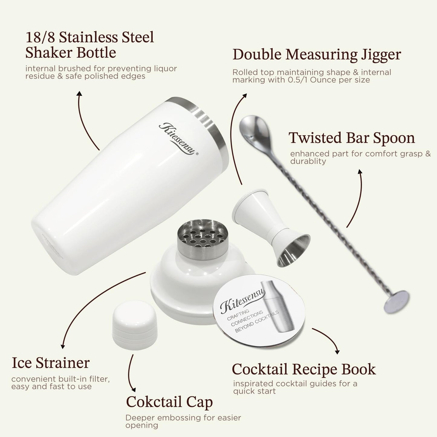 KITESSENSU Cocktail Shaker Set, Stainless Steel Martini Shaker with Bartender Strainer, Measuring Jigger, Bar Mixing Spoon, Cocktail Recipe Included, White