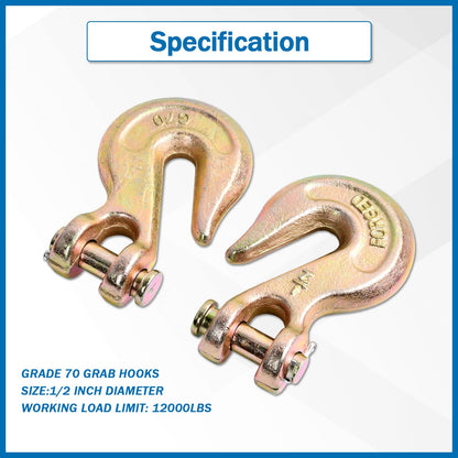 TBAPFS 4Pcs 1/2 Inch Clevis Grab Hooks Grade 70 Chain Hook 12000 Lbs Working Load Limit for Trailer Truck Transport