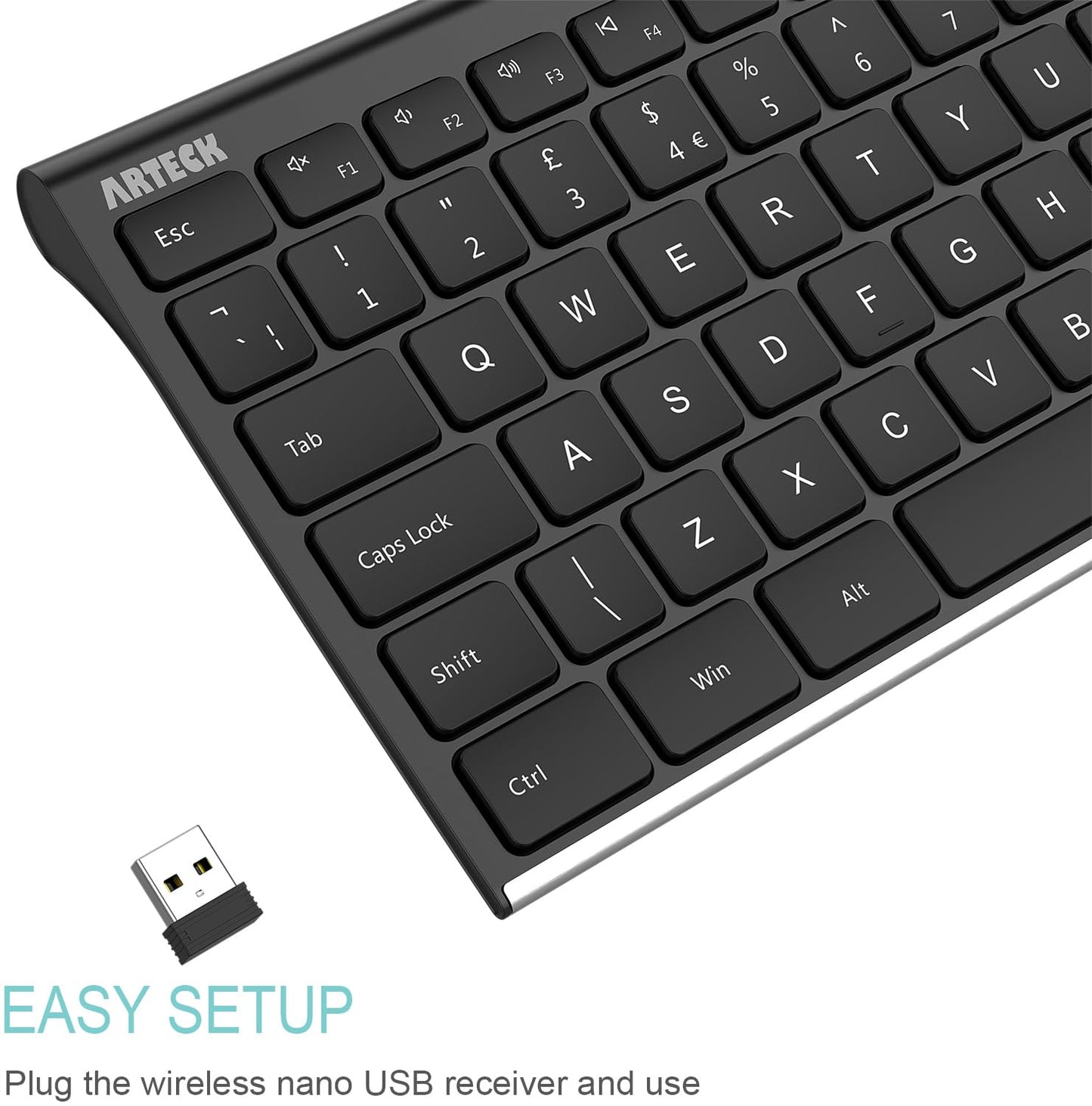 Arteck 2.4G Wireless Keyboard Stainless Steel Ultra Slim Full Size Keyboard with Numeric Keypad for Computer/Desktop/PC/Laptop/Surface/Smart TV and Windows 10/8/ 7 Built in Rechargeable Battery