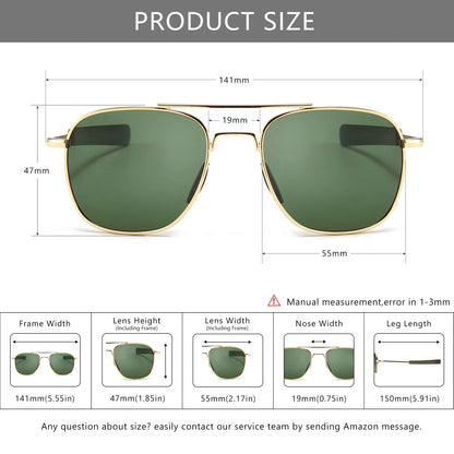 SUNGAIT Men's Military Style Polarized Pilot Aviator Sunglasses - Bayonet Temples (Gold Frame/Green Lens, 55) A285JKLV