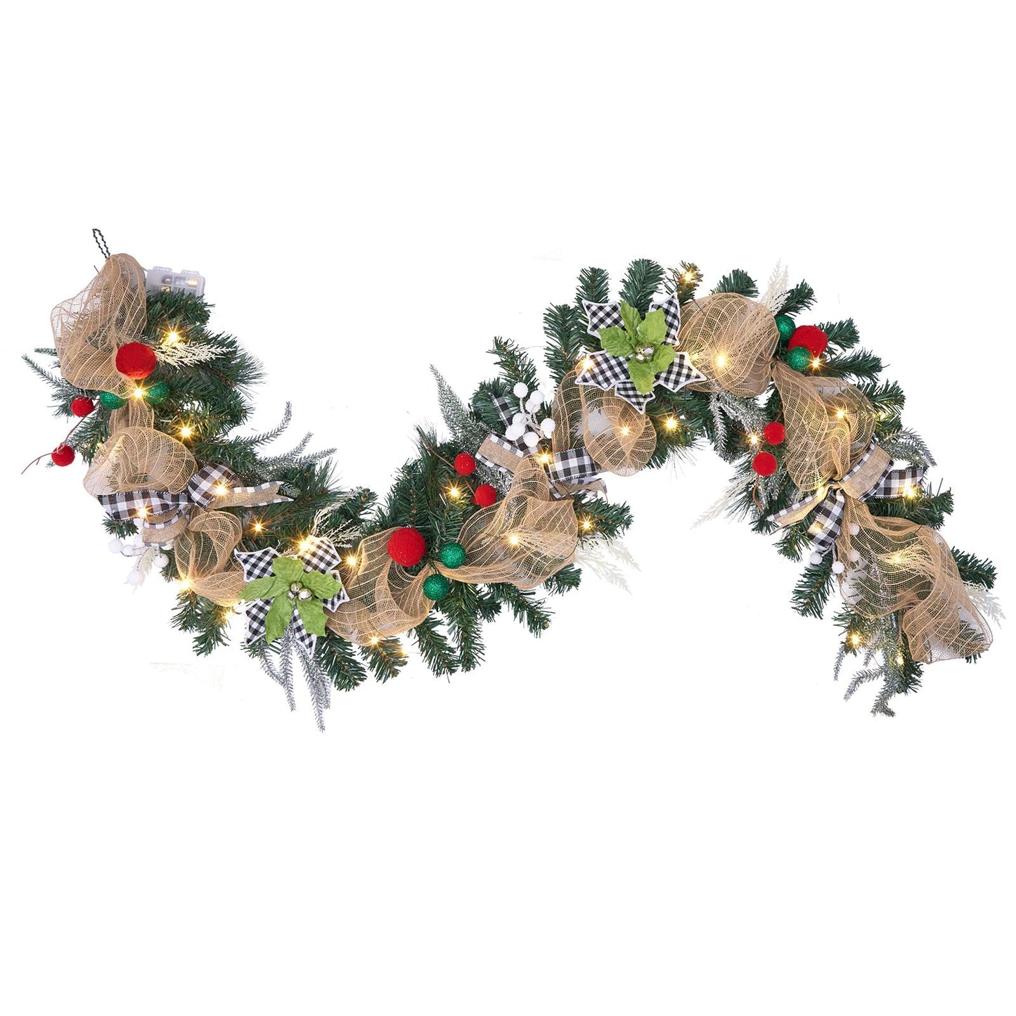 6 feet prelit Christmas Garland,Black and White Buffalo Plaid Christmas Decor with 30 LED Lights, Lighted Buffalo Plaid Decoration for Mantel,Stairs,and Front Door,Xmas Farmhouse Decor.