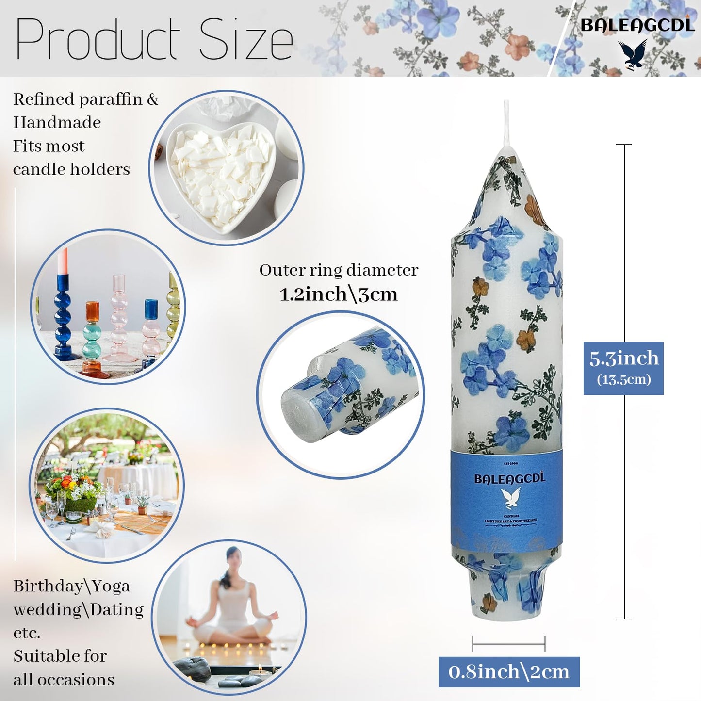 Print Taper Candle Forget-me-not Floral Short Candles Handmade Unscented Candlesticks 5 Inch Smokelss Candle Sticks for Holiday Decor Gifts Set of 4