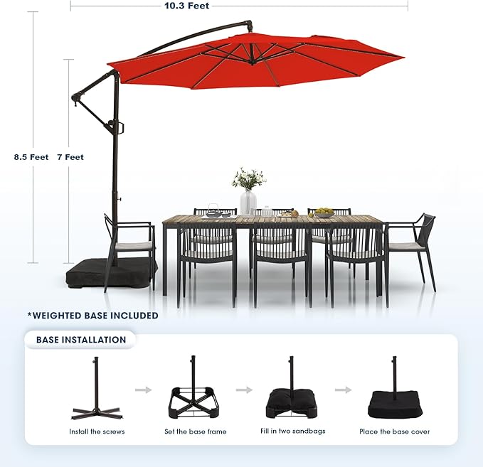 wikiwiki 10ft Patio Umbrella with Base Included, Outdoor Offset Cantilever Umbrella, Infinite Tilt, Crank and Cross Base, Light Red