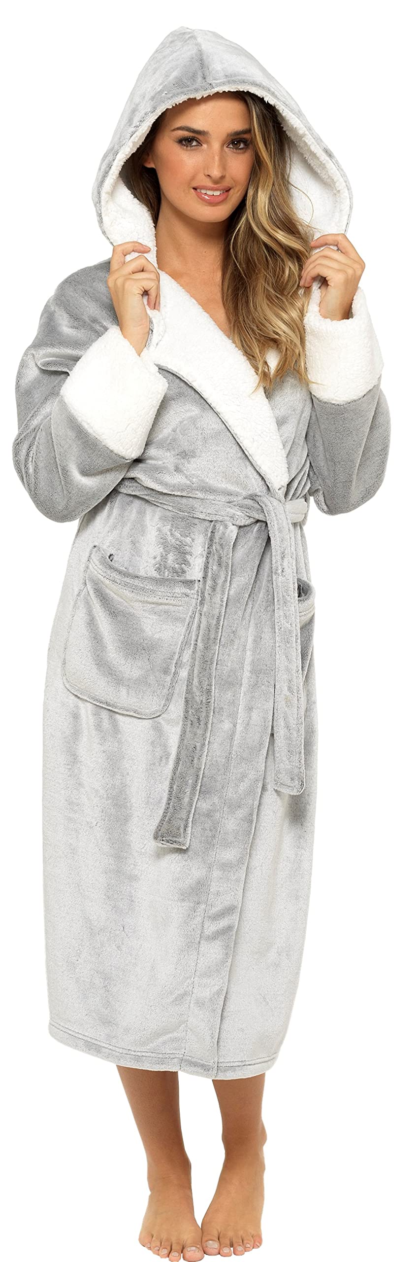 KATE MORGAN Ladies Soft & Cosy Hooded Dressing Gown (12-14, Grey Shimmer)