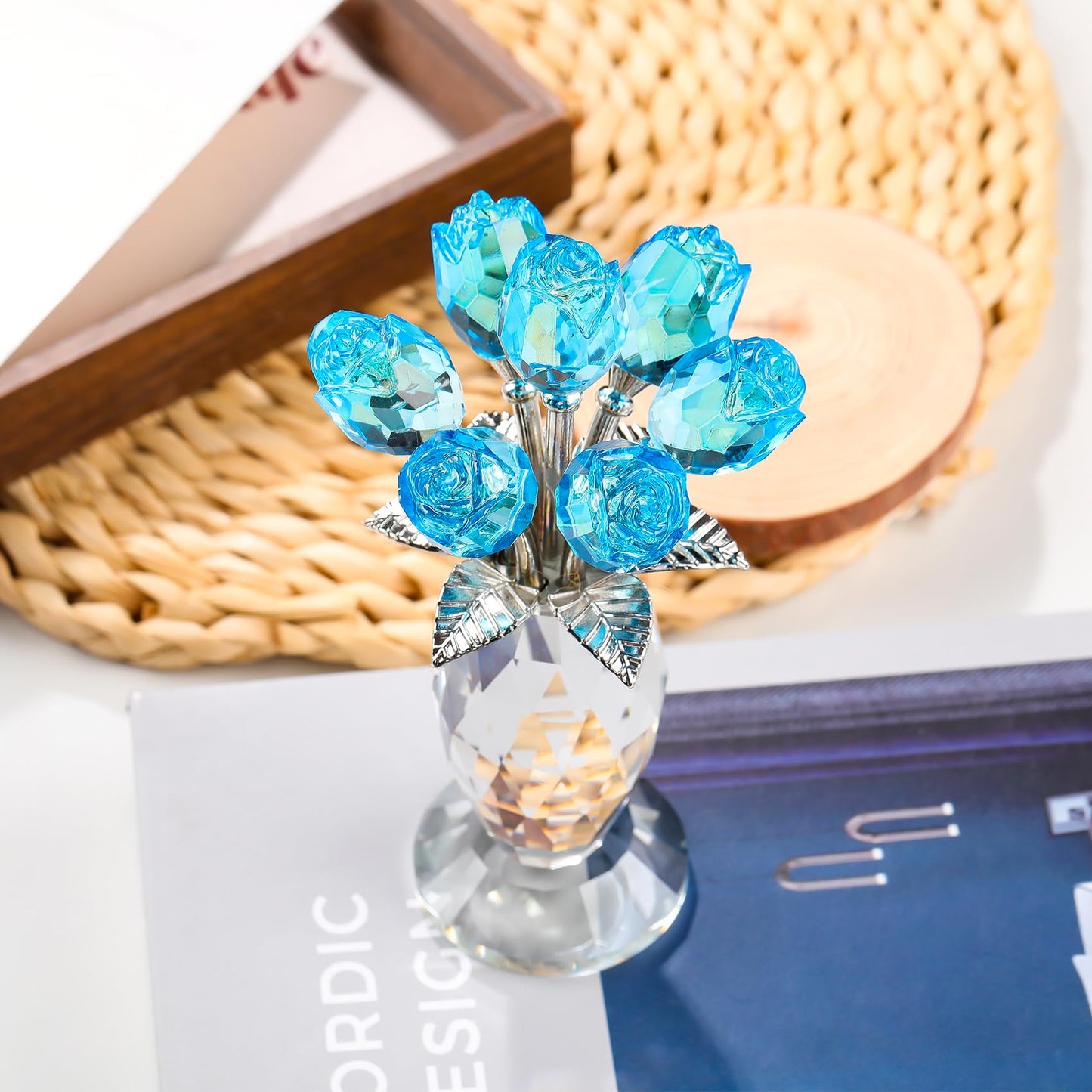 YWHL Crystal Lake Blue Rose Flower Bouquet Figurine with Vase, Handmade Glass Rose Flowers Gifts for Women on Mother's Day Valentine's, Crystal Roses with Stem Home Table Decor for Christmas