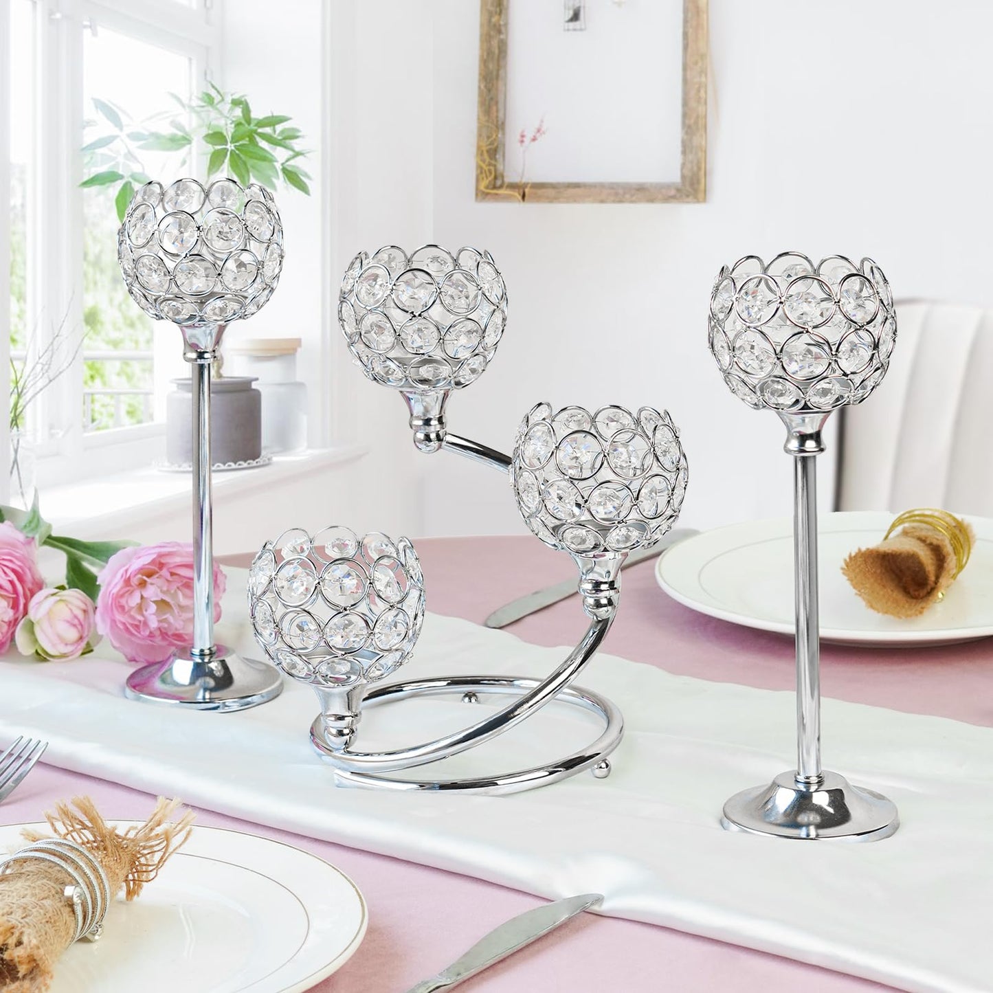 KEHAIL Silver Metal Crystal Candle Holder Set of 3 - Elegant 5-Arm Metal Tea Light Centerpiece with Shining Crystal Bowl, Wedding Anniversary Table Decor for Dining, Party