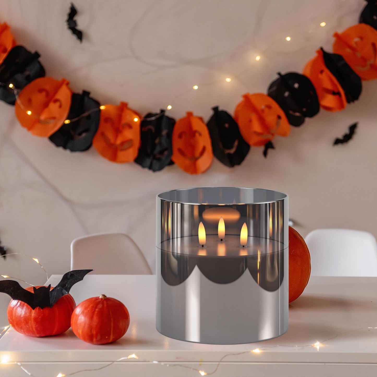 GenSwin 3 Wick Glass Flameless Candles with Remote Timer, Set of 1 Large LED Flickering Candle Battery Operated with 3D Flame, Large Pillar Candle for Halloween Christmas Home Decor(Black, D6”xH6”)
