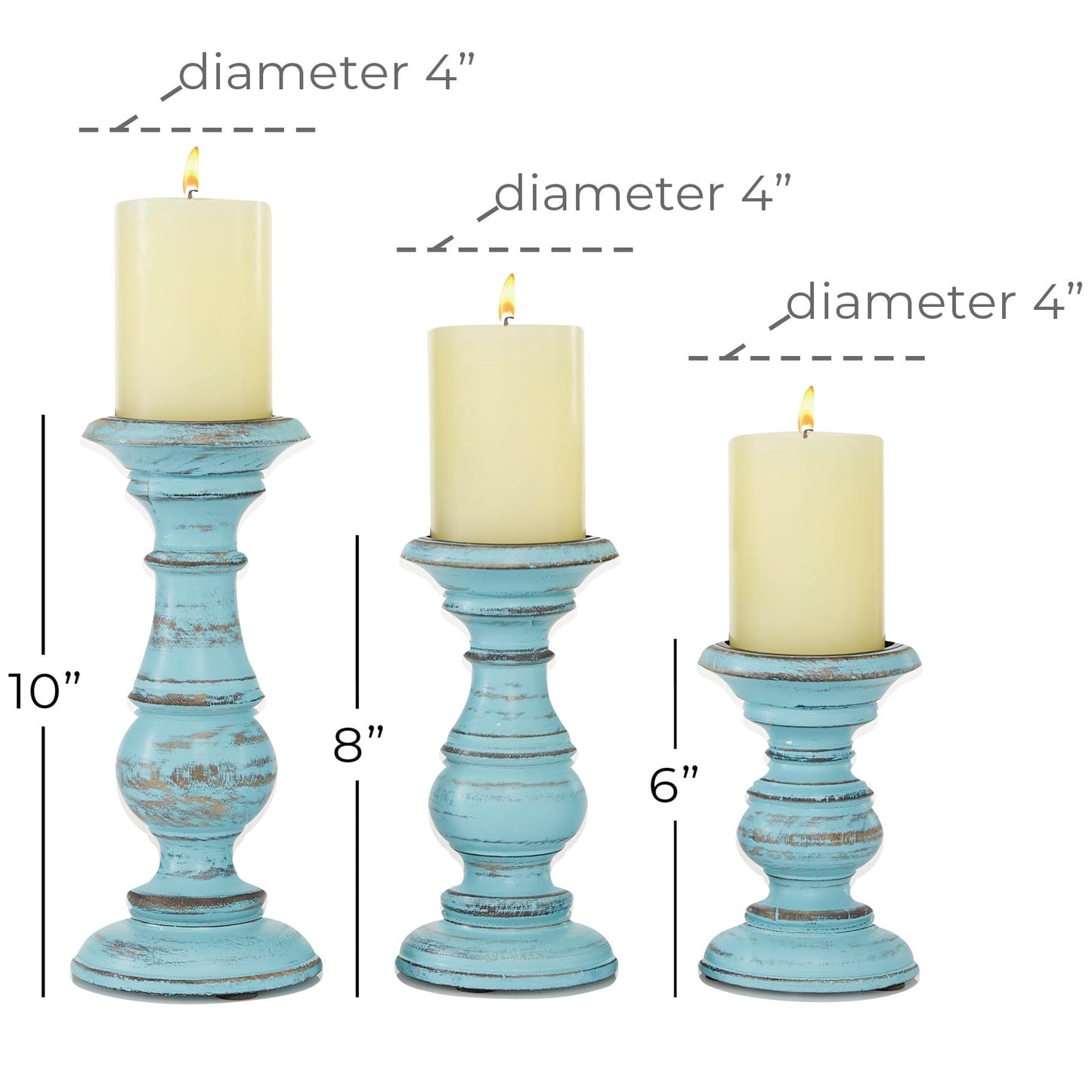 Deco 79 Mango Wood Decorative Candle Holder Distressed Turned Pillar Candle Stand, Set of 3 Candlestick Holder 6", 8", 10"H, Light Blue