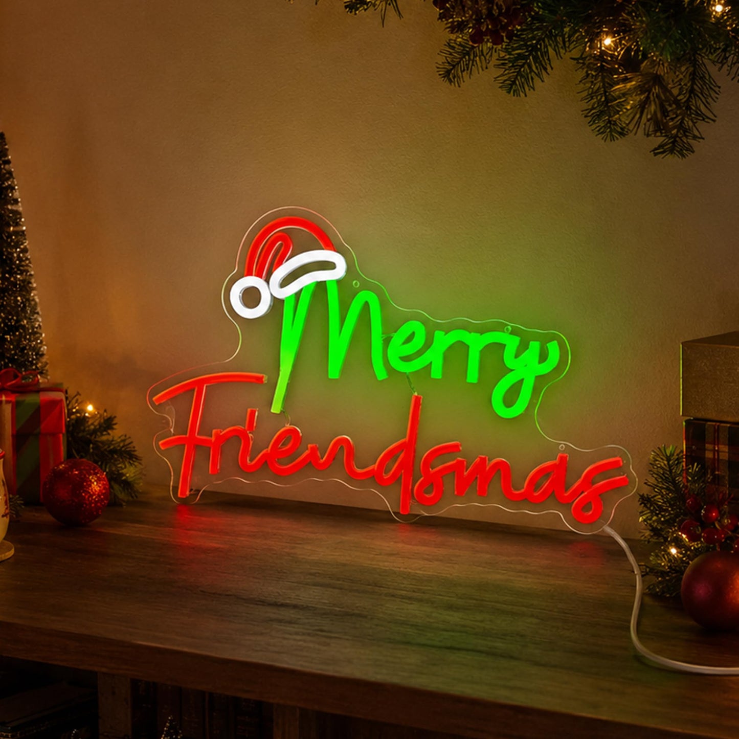 FuugZze Christmas Neon Signs Merry Friendsmas Neon Lights Christmas Led Signs for Bedroom Wall Dimmable Merry Friendsmas Light Up Signs for Friends Party Decorations Party Gift