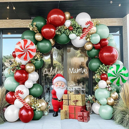 Christmas Balloon Arch Kit, Double Stuffed Red Green White Pearl Balloon Garland Sage Green Red Gold Balloons With Candy Cane Balloons for Christmas Birthday Xmas Santa Holiday New Year Party Decor