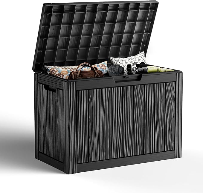 45 Gallon Outdoor Storage Box, Weather Resistant & Waterproof Resin Deck Box with UV Protection, Rattan Black Patio Storage Cabinet for Garden, Patio, Porch, Poolside(Black)