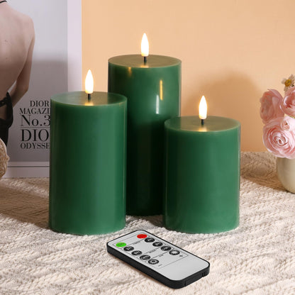 Eywamage Green Christmas Flameless Pillar Candles with Remote, Flickering Battery Operated LED Wax Candles Set of 3