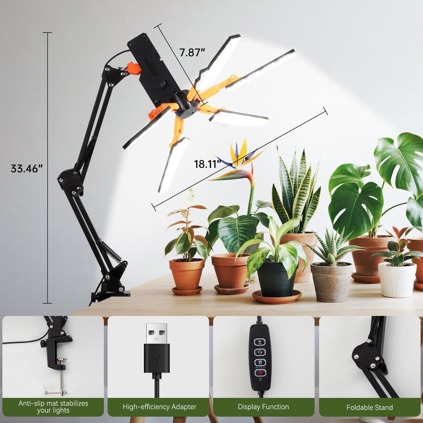 KwatTsz Grow Lights for Indoor Plants, Full Spectrum LED Plant Growing Lamps, 5 Head LED Clip Plant Lights for Seed Growing, Fruiting, 3H/6H/12H Timer, 3 Spectral Modes, 10 Dimmable Levels