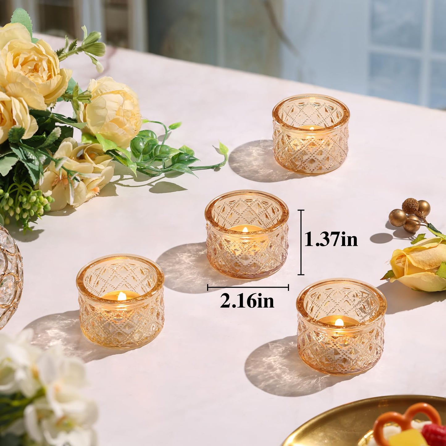 MATAHUM 24 Pack Gold Tealight Candle Holders, Glitter Diamond Glass Votive Candle Holders Bulk for Wedding Centerpieces, Bridal Shower, Baby Shower, Birthday, Anniversary, Party Decor