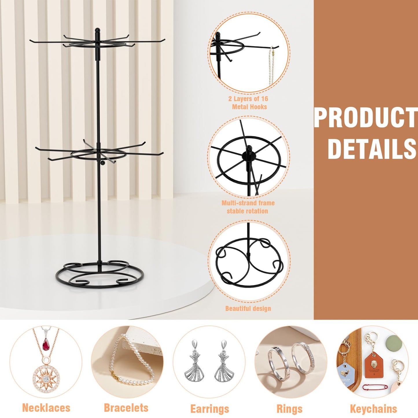 JHJFRAWY Jewelry Stand Organizer, 2-Tier Rotating Necklace Organizer, Spinning Jewelry Keychain Display Tree with 12 Hooks, Easy Assembly for Bedroom and Retail, Black