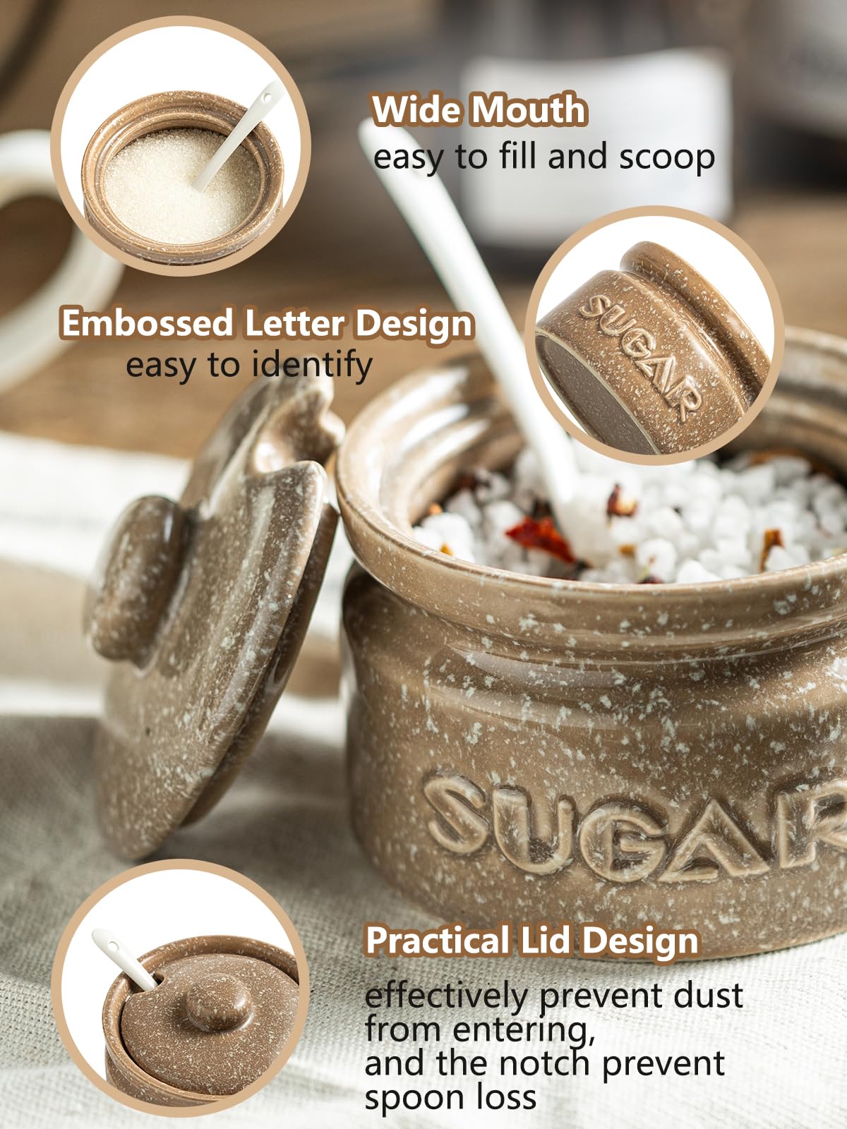 Gomakren Sugar Bowl with Lid and Spoon, Sugar Container Sugar Dish 10oz, Ceramic Sugar Jar for Coffee Bar, Kitchen, Countertop - Father's Day Modern Farmhouse Kitchen Decor, Brown