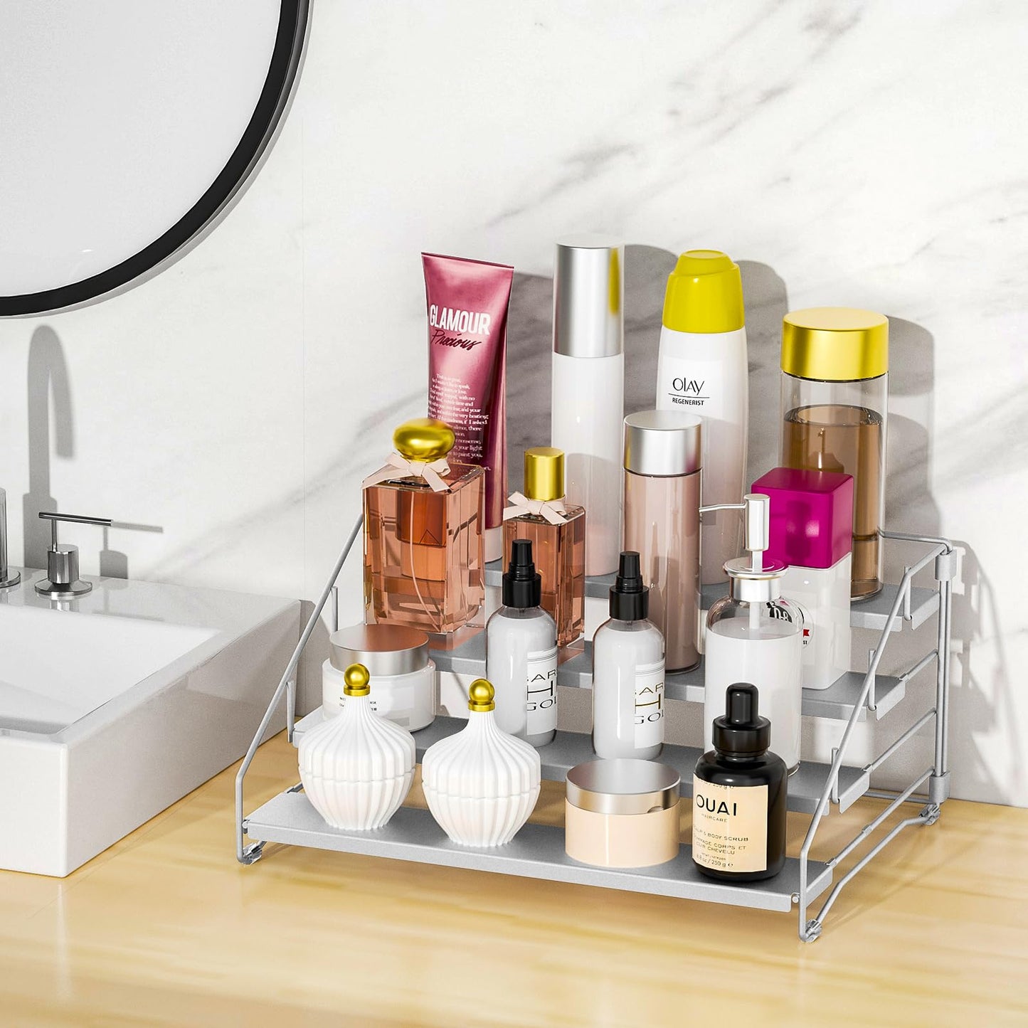 4 Tier Spice Rack for Cabinet, Spice Rack Organizer, Depth Adjustable Spice Holder for Countertop, Cupboard, Pantry, Seasoning Shelf, Metal, Black (1 Pack)