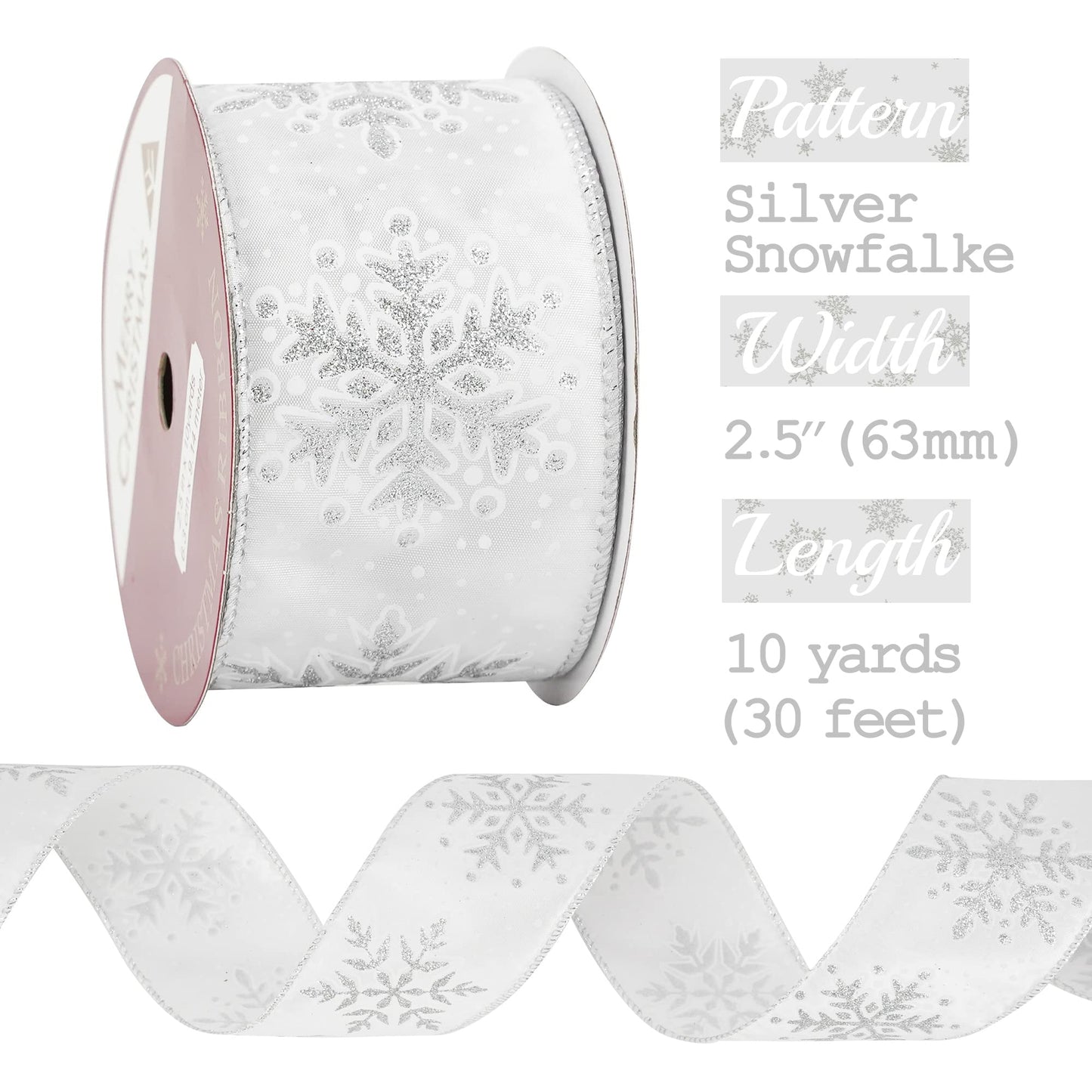 MEEDEE Silver Snowflake Wired Ribbon White Ribbons with Glitter Snowflake 2.5 Inch White and Silver Ribbon for Christmas Tree, Winter Decor, Garlands, Wreaths, Gift Wrapping (10 Yards)