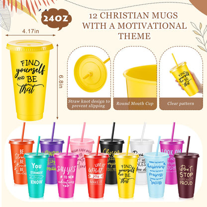 Hollowfly 12 Sets / 48 Pcs Inspirational Gifts Bulk for Employee Appreciation, 24 oz Plastic Cups and Pens Notebooks Keychains Set, Group Gifts for Office Staff Coworkers (Colorful)
