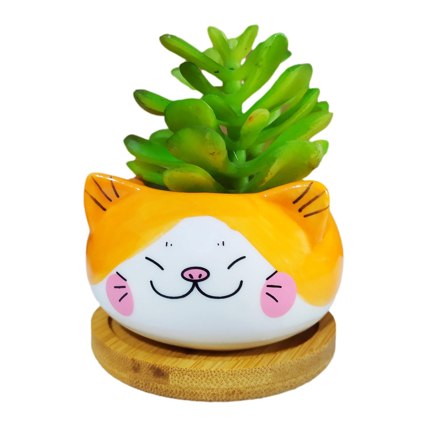 Cuteforyou Cute 3.5 Inches Indoor Cartoon Animal Cat Shaped Ceramic Succulent Cactus Flower Plant Pots with Bamboo Tray-Plant Not Included (6 Corlors)