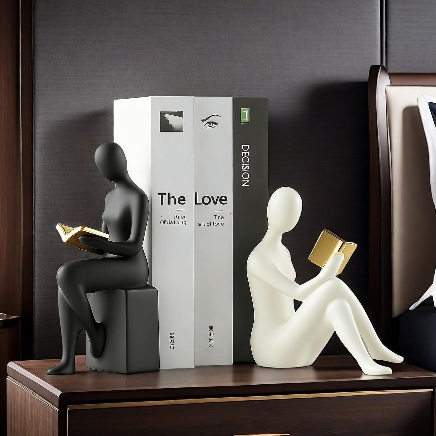 Home Decorative Reading Women Girl Statue Bookends Elegant Resin Bookshelf Room Office Desk Decor,Paper Weights, Book Ends,Bookend Supports, Book Stoppers, Set of 2 (Black and White)