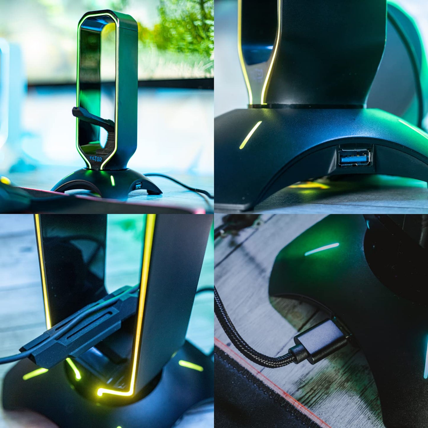 Tilted Nation Gaming Headset Stand | RGB Headphone Stand for Desk with Mouse Bungee and USB Hub (Cool and Clean Setup) Gaming Headset Holder - Perfect Gamer Gift Accessory