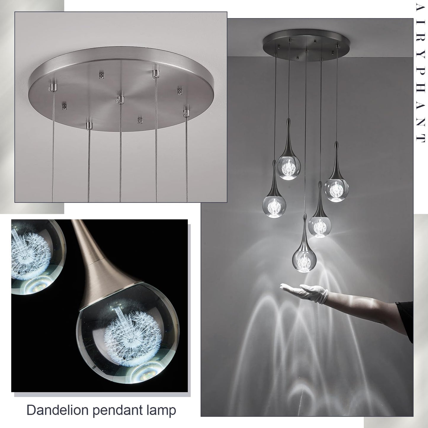 5 Lights Crystal Pendant Light, Brushed Nickel 25W Dimmable LED Teardrop Cluster Pendant Lighting Fixture for Dining Room Over Kitchen Island Bathroom Room Foyer Hallway Bedroom 6000k Cold White
