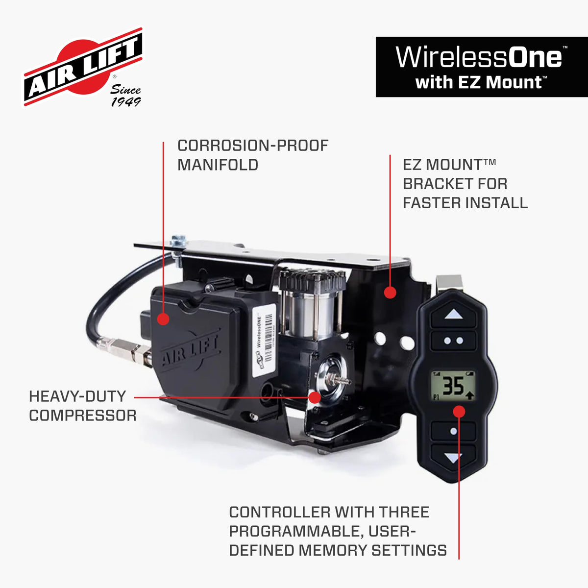 Air Lift WirelessOne 2nd Generation + EZ Mount On-Board Air Compressor with Mobile App - 25980EZ