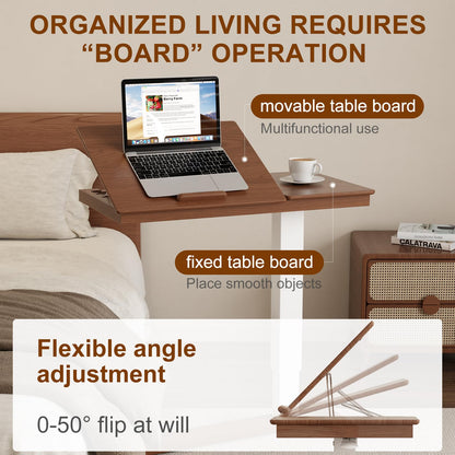 Muwuele Solid Wood Overbed Bedside Table with Wheels, Adjustable Medical Tilt Top Hospital Bed Table Over The Bed, Rolling Laptop Desk, Mobile Standing Desk for Hospital and Home Use (Walnut)