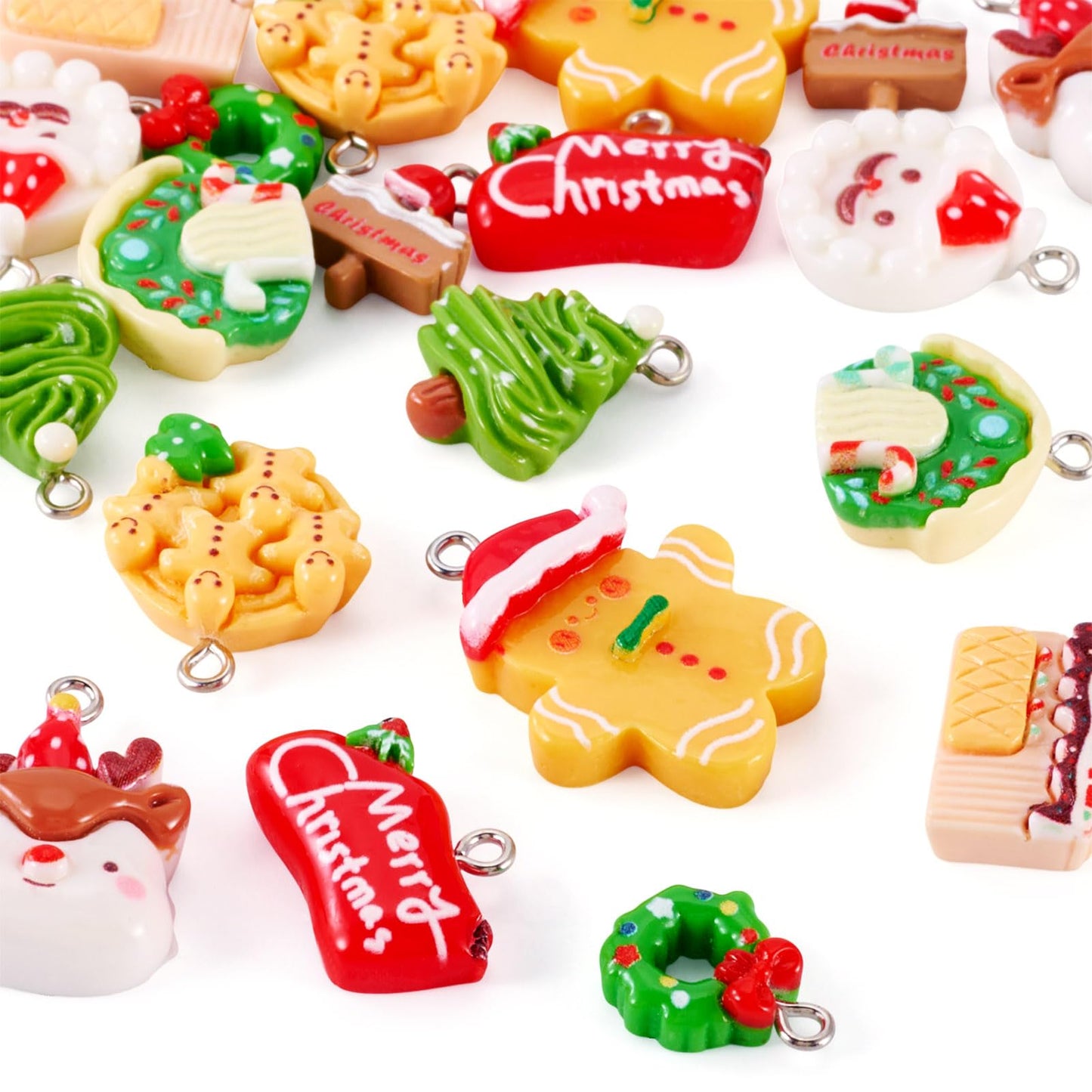 Cheriswelry 20Pcs Christmas Charms for Jewelry Making Resin Pendant Charm Snowman Deer Gingerbread Man Christmas Tree Cake Dangle Charms 14-29mm for DIY Crafts Necklace Earring Bracelet Making