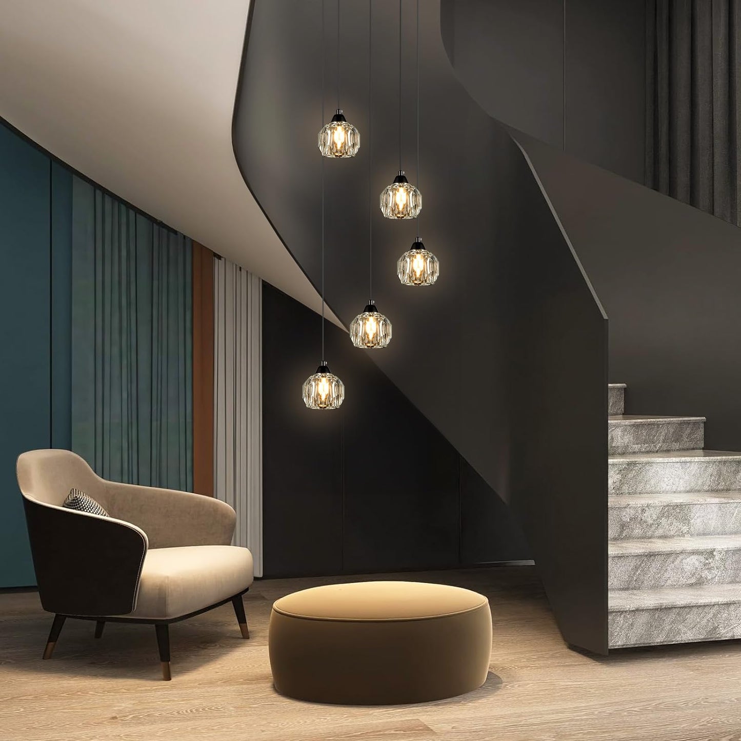 Weesalife Crystal Chandeliers for Dining Room Lights Fixture Over Table, 5-Light Black Modern Pendant Light Fixture，Crystal Chandeliers for Living Room Kitchen Island Staircases Foyer Hallway Bar