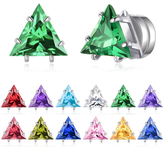 Spiritlele 12 Pairs Birthstone Magnetic Earrings Set Cubic Zirconia Clip on Non Piercing Fake Stud Earrings Birthday Gifts Unisex (Triangle)