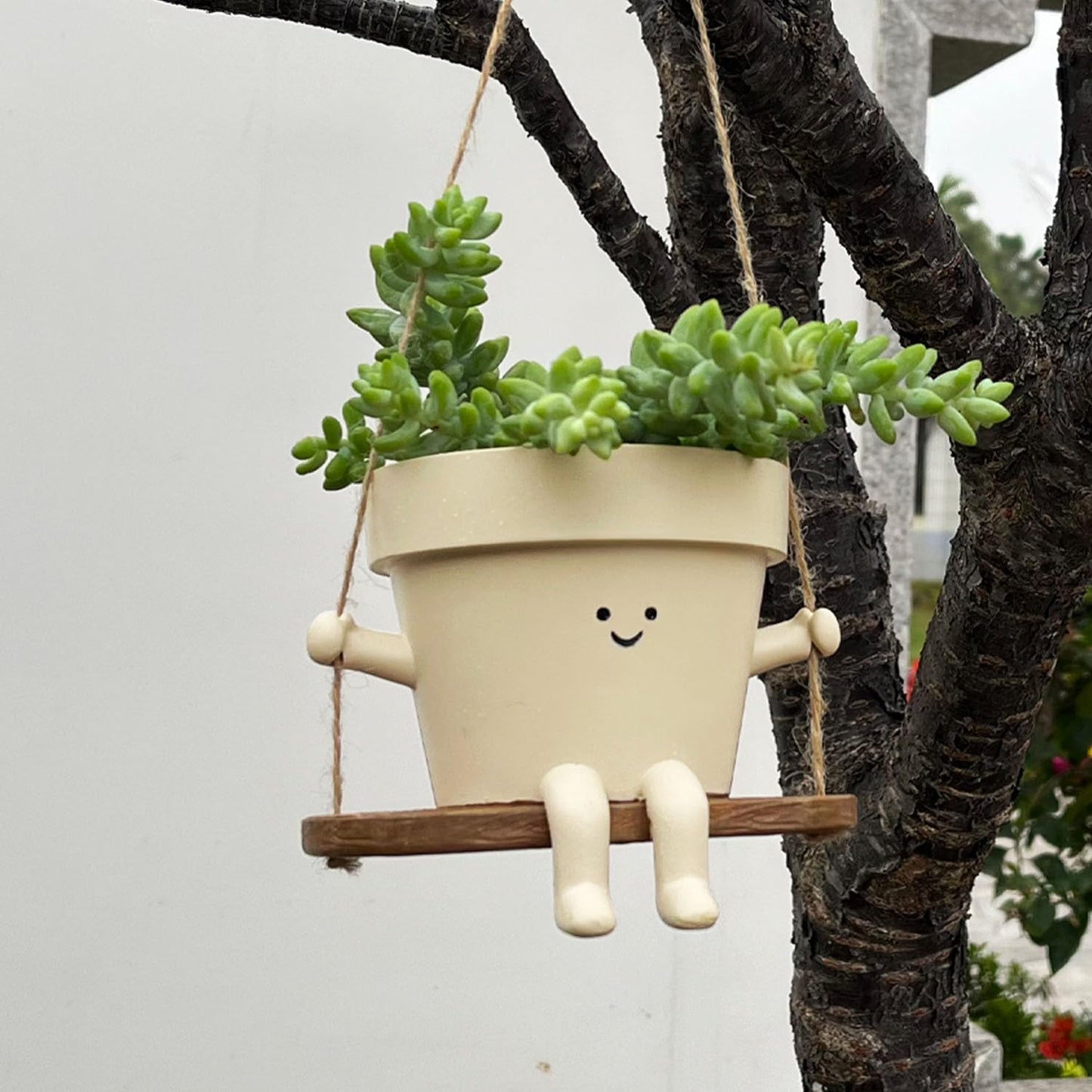 Hanging Planter Swing Face Plant Pot - Cute Resin Head Planters with Drainage Hole Indoor Outdoor Plant Holder, Succulent/String of Pearls Flower Pots, Unique Sitting Sway Pots, Gift Ideas for Mother
