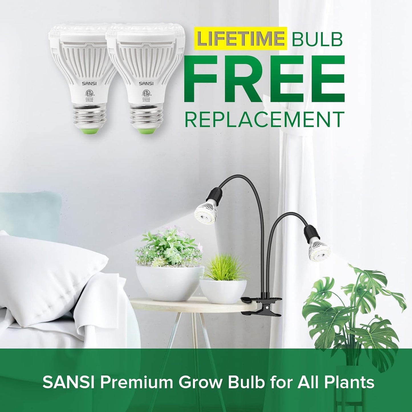 SANSI LED Grow Lights for Indoor Plants, 300W Full Spectrum Gooseneck Clamp Grow Lamp, 20W Power Plant Light with High PPFD for Seeding, Lifetime Free Bulb Replacement Plant Lights for Indoor, 2 Head