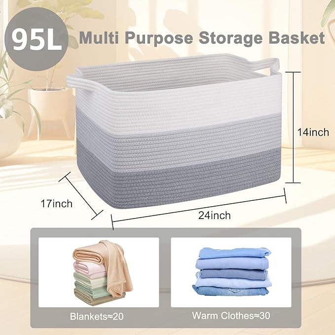OIAHOMY Extra Large Blanket Basket, 95L Cotton Rope Woven Laundry Basket