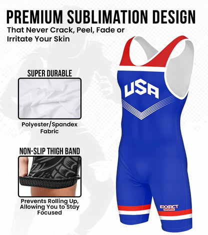 Exxact Sports Sublimated Youth Wrestling Singlet For Boys, Premium Powerlifting Singlet, Kids Wrestling Singlets For Training (YL, Royal Blue USA)
