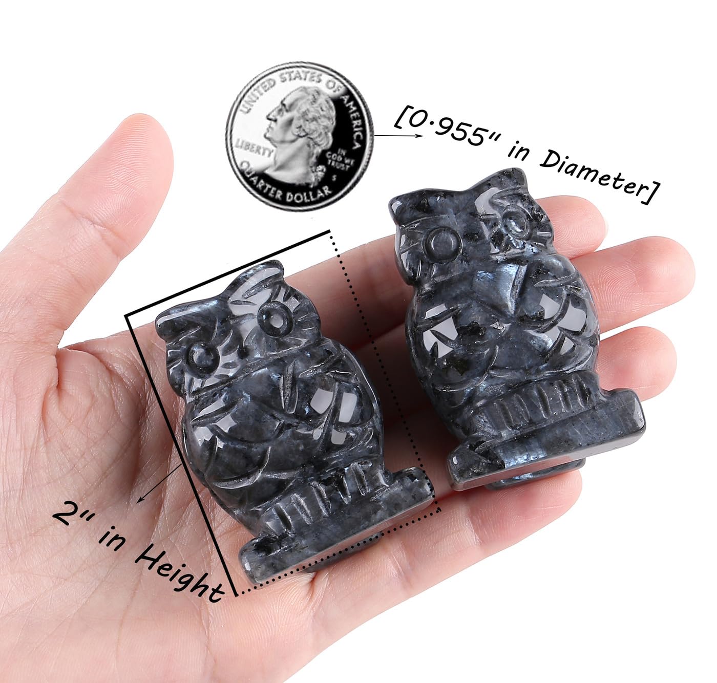 QINJIEJIE 2" Black Labradorite Crystals Owl Decor Stone Figurines Owls Statue Gifts Gemstone Home Sculpture Decorations Pocket Polished Cute Room Desk Gift for Men Women