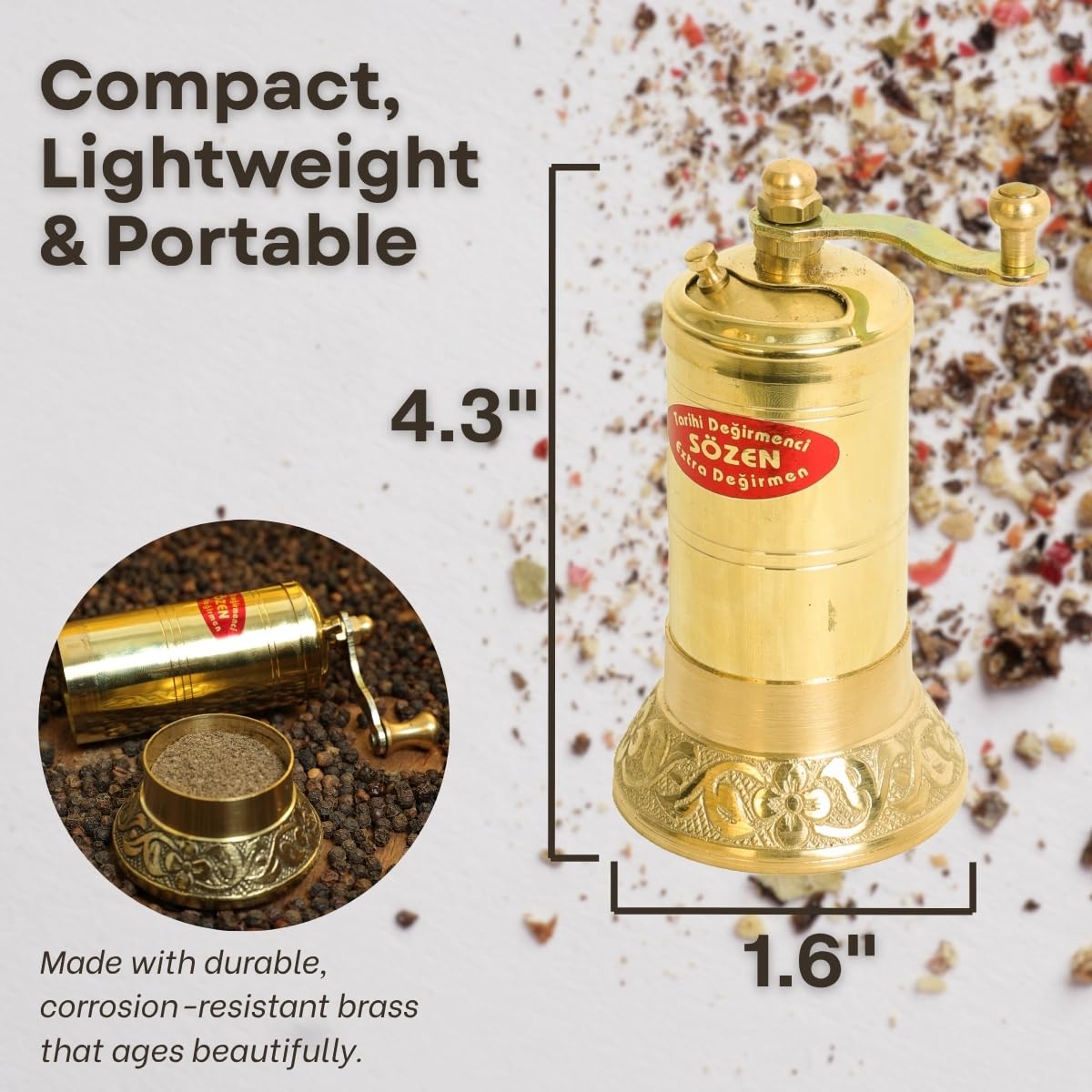 Sozen 4.3" Manual Pepper Grinder Brass – Handmade Turkish Pepper Mill, Conical Burr Spice Grinder, Portable Hand Crank Mill for Salt, Peppercorns, and Other Spices with Durable Brass Decor
